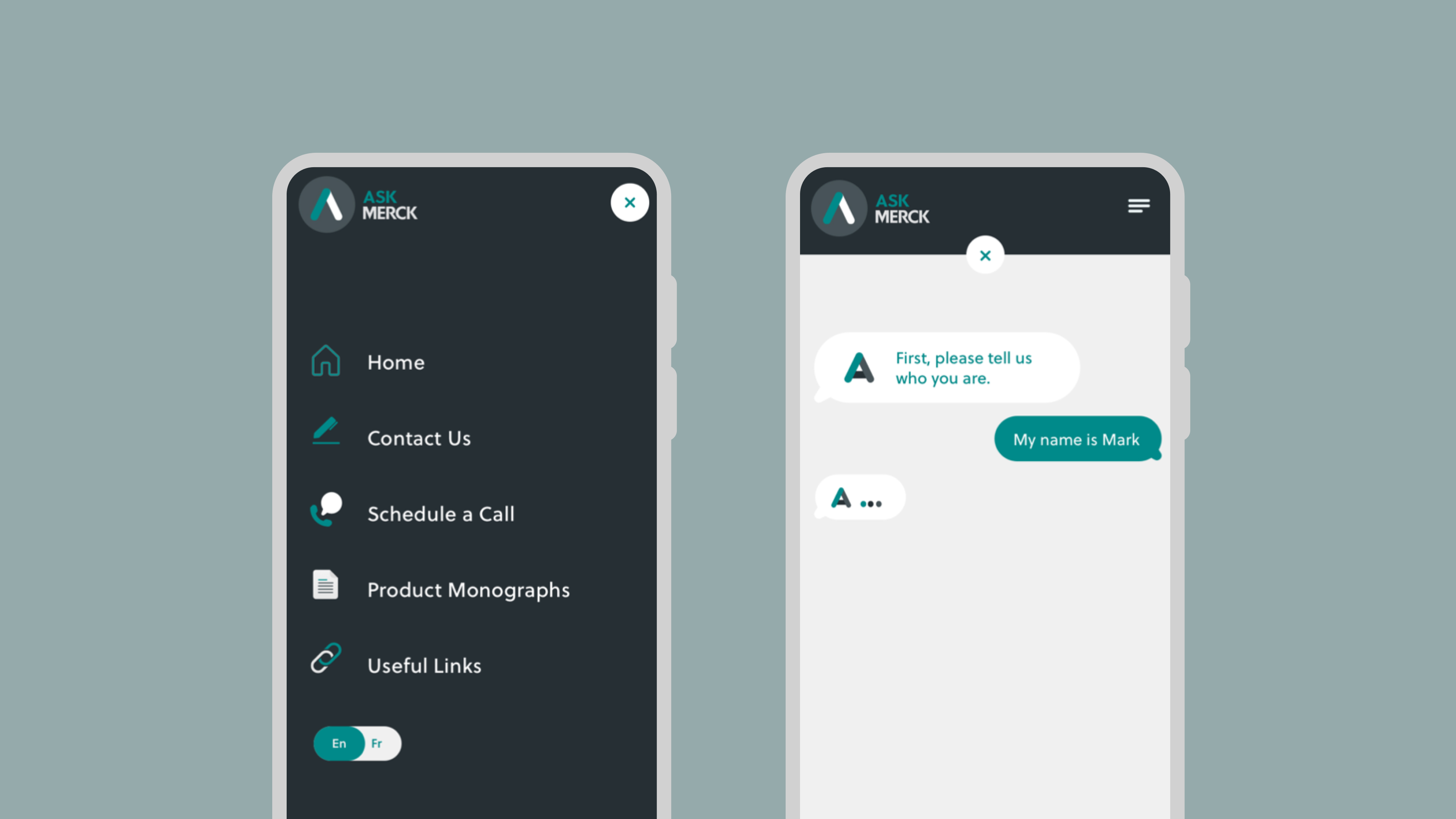 Two mobile devices showing the Ask Merck navigation menu (left) and the AI chat interface (right).